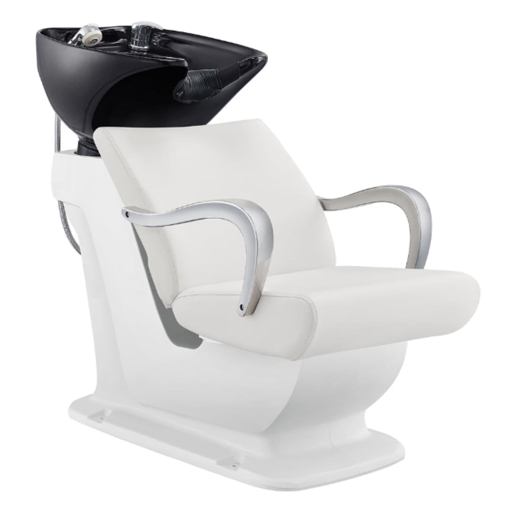 Beckman Salon Shampoo Unit with Adjustable Seat White Front Angled View With Black Single Wash Sink On Clean Background