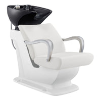 Thumbnail for Beckman Salon Shampoo Unit with Adjustable Seat White Front Angled View With Black Single Wash Sink On Clean Background