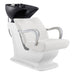 Beckman Salon Shampoo Unit with Adjustable Seat White Front Angled View With Black Single Wash Sink On Clean Background