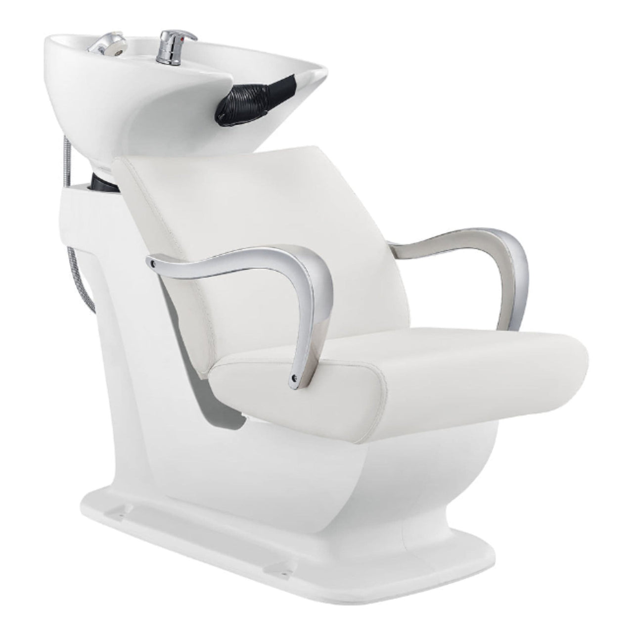 Beckman Salon Shampoo Unit with Adjustable Seat White Front Angled View With White Single Sink On White Background
