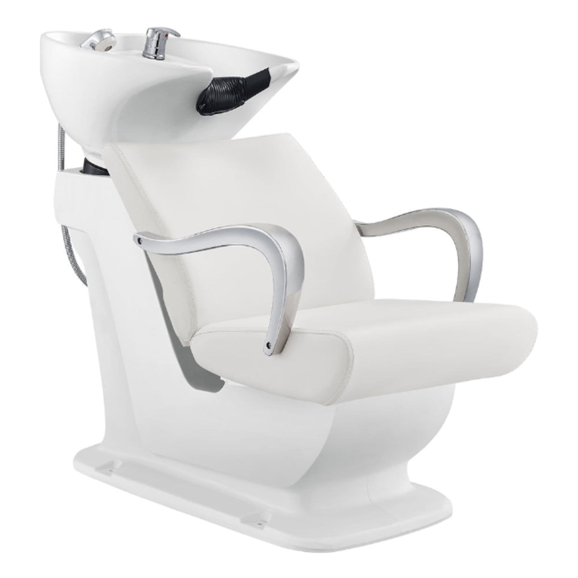 Beckman Salon Shampoo Unit with Adjustable Seat White Front Angled View With White Single Sink On White Background