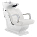Beckman Salon Shampoo Unit with Adjustable Seat White Front Angled View With White Single Sink On White Background