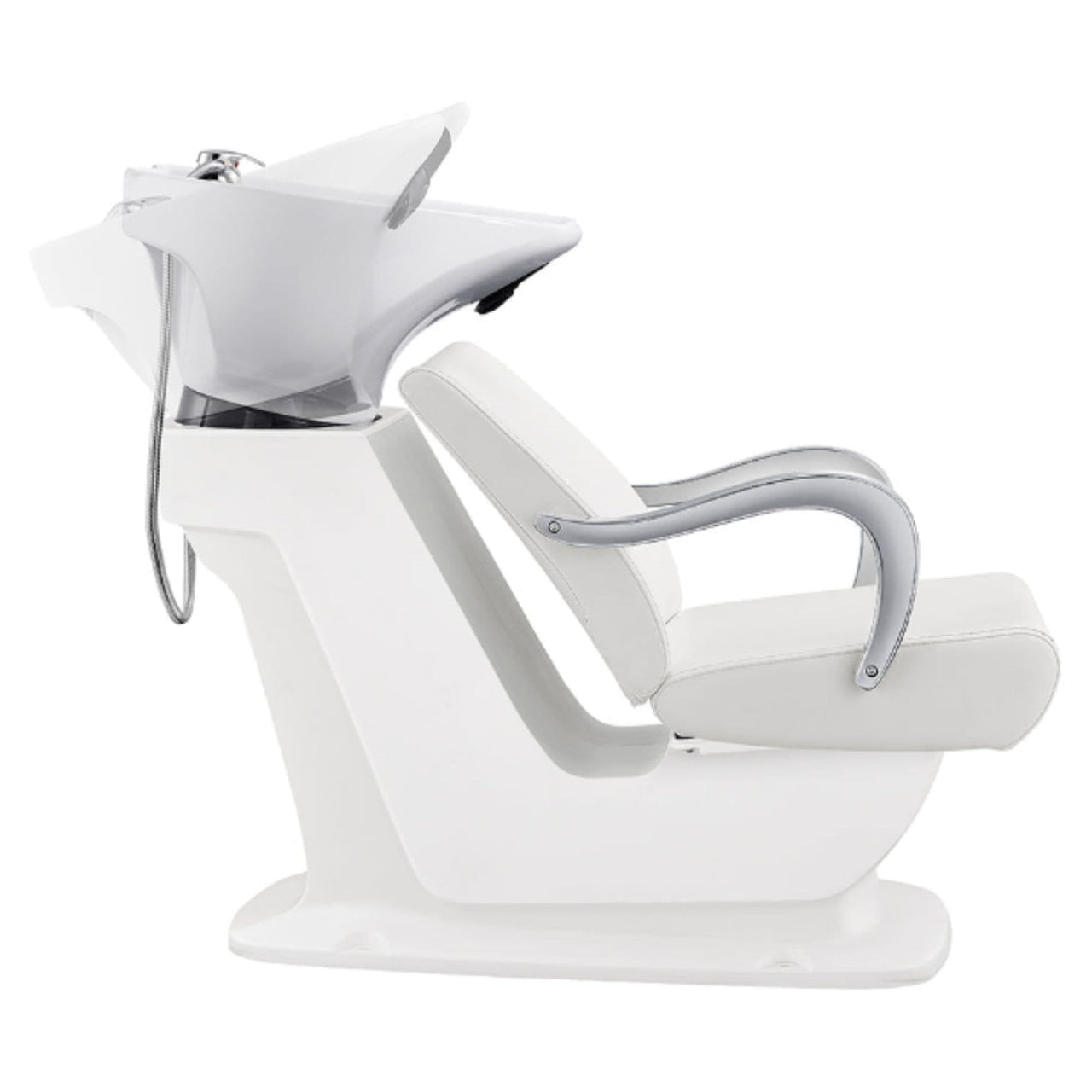 Beckman Salon Shampoo Unit with Adjustable Seat White Side View With Demo Of White Single Sink Station On Clean Background