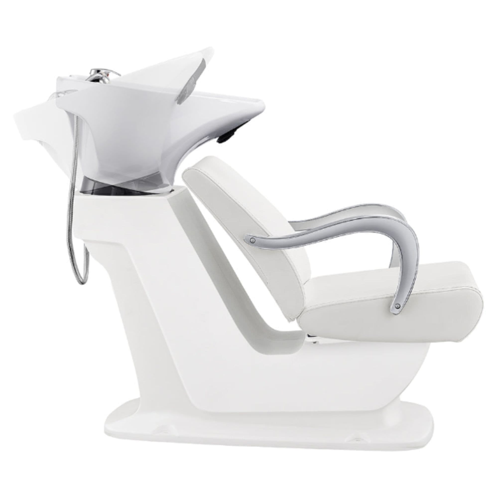 Beckman Salon Shampoo Unit with Adjustable Seat White Side View With Demo Of White Single Sink Station On Clean Background
