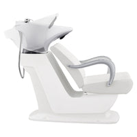 Thumbnail for Beckman Salon Shampoo Unit with Adjustable Seat White Side View With Demo Of White Single Sink Station On Clean Background