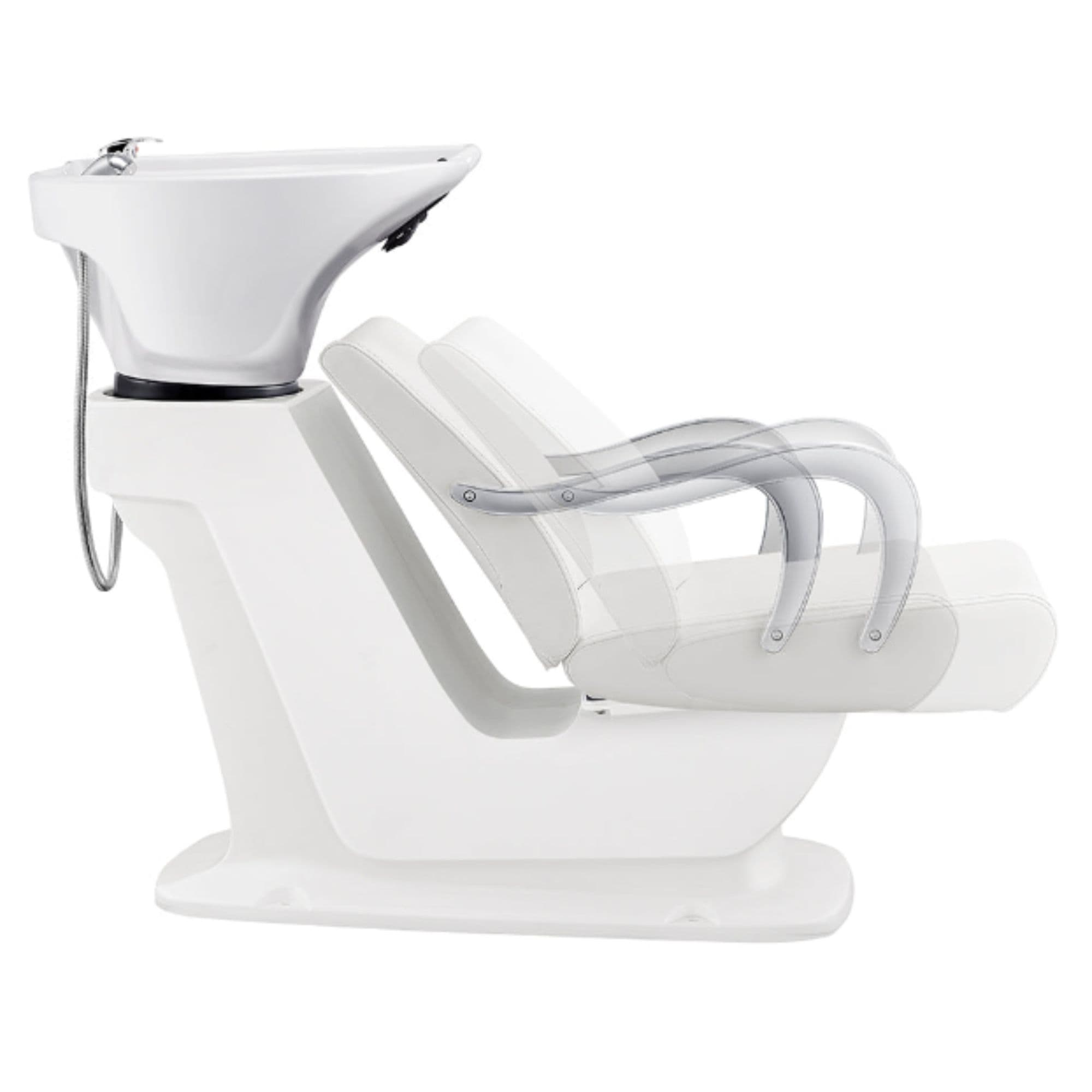 Beckman Salon Shampoo Unit with Adjustable Seat White Side View With White Single Sink And Seat Demo On White Background