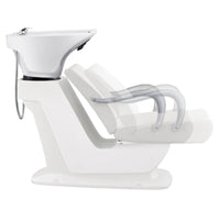 Thumbnail for Beckman Salon Shampoo Unit with Adjustable Seat White Side View With White Single Sink And Seat Demo On White Background
