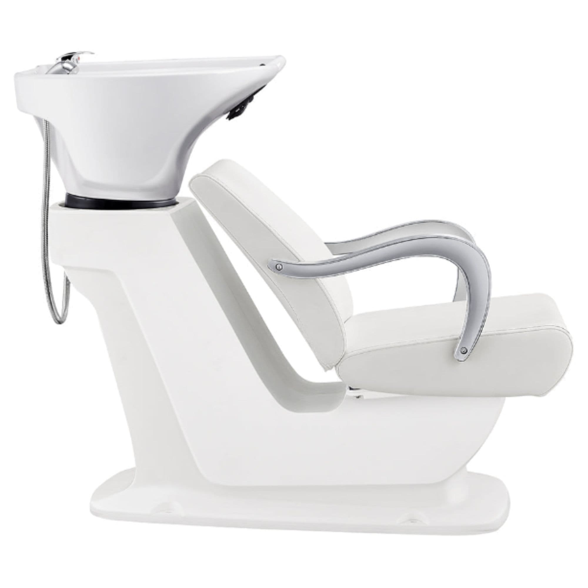 Beckman Salon Shampoo Unit with Adjustable Seat White Side View With White Single Sink On White Background