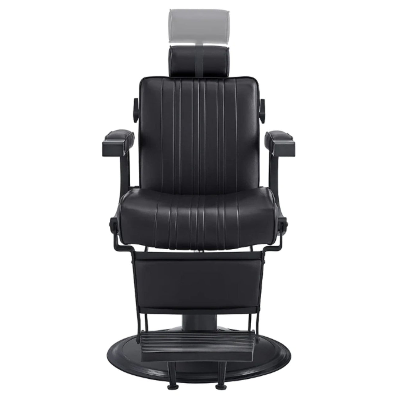 Belgrano Classic Barber Chair Black Variant Front View Demonstrating Pull Out Headrest Range On White Background