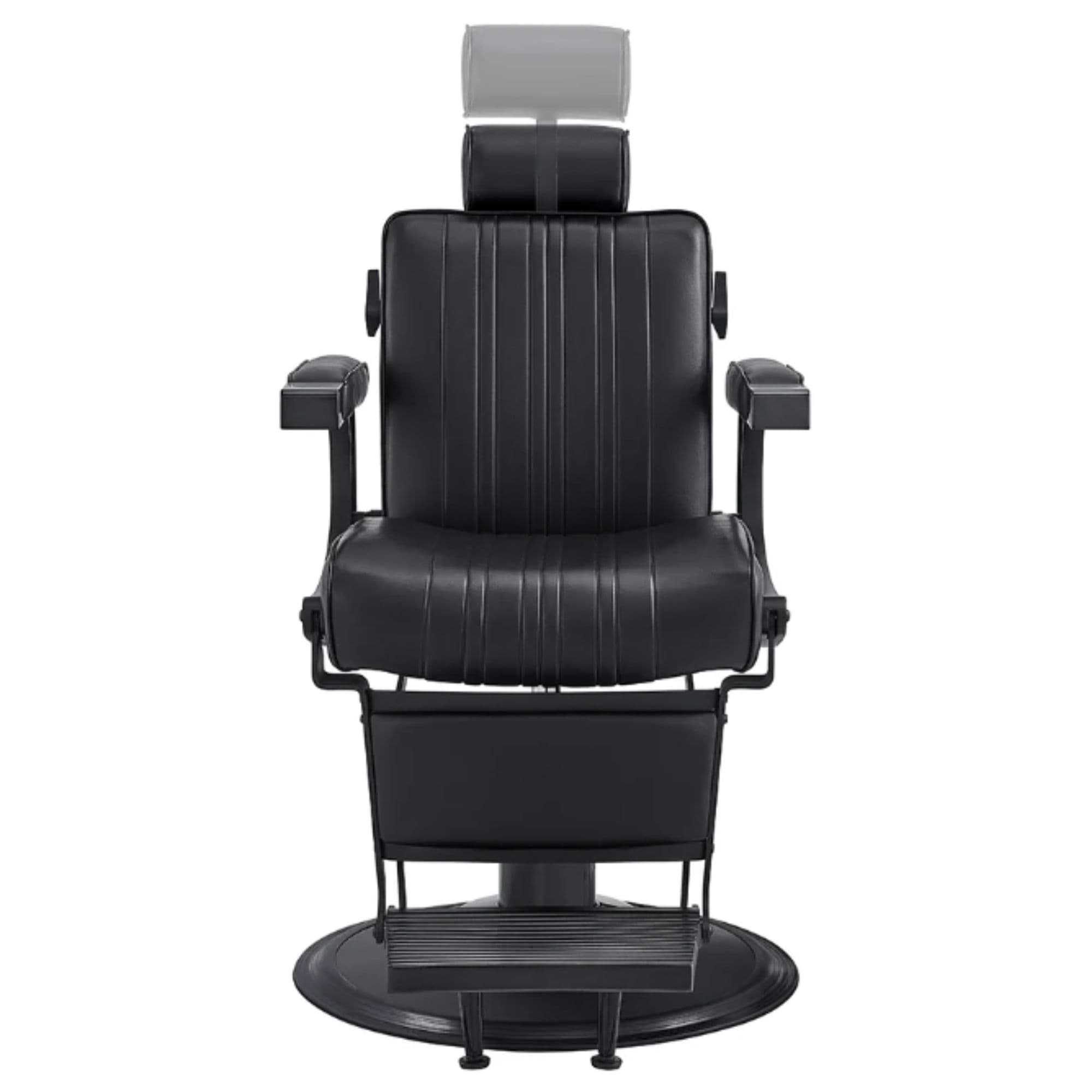 Belgrano Classic Barber Chair Black Variant Front View Demonstrating Pull Out Headrest Range On White Background