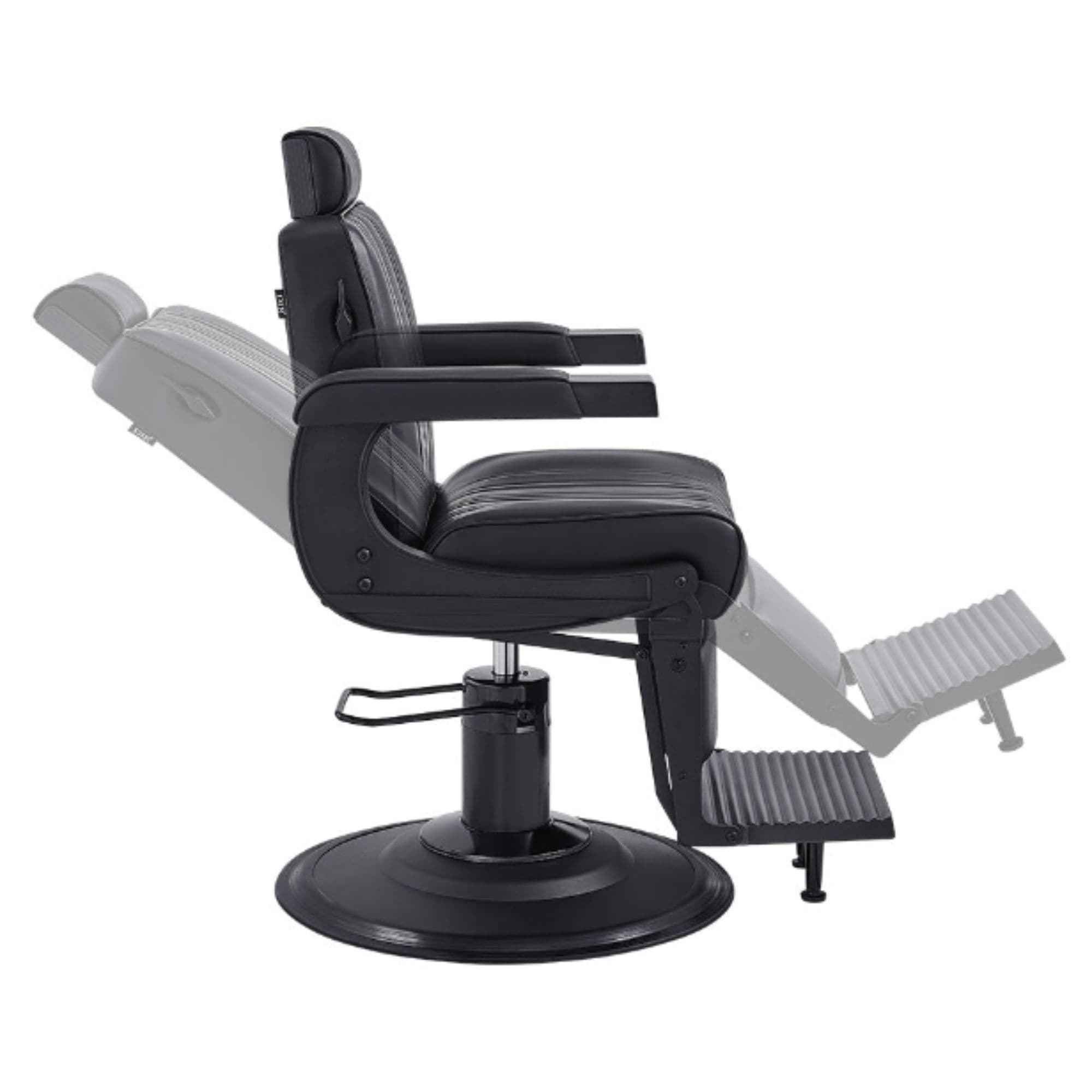 Belgrano Classic Barber Chair Black Variant Side View Demonstrating Swing Adjustment On White Background