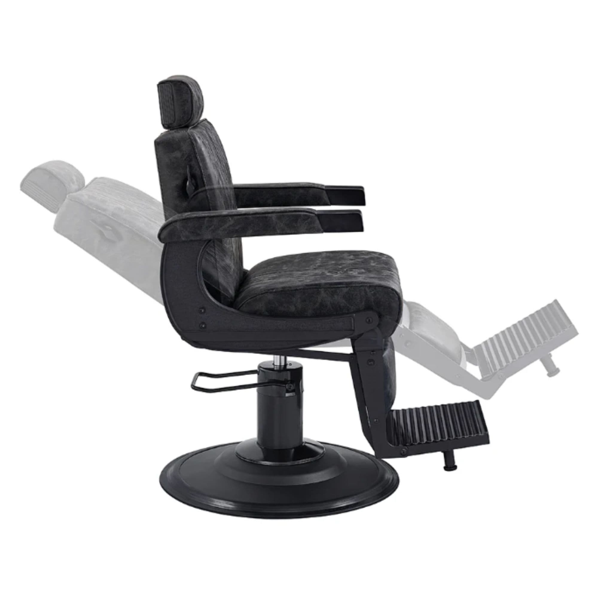 Belgrano Classic Barber Chair Vintage Black Variant Side View Demonstrating Swing Adjustment On White Background