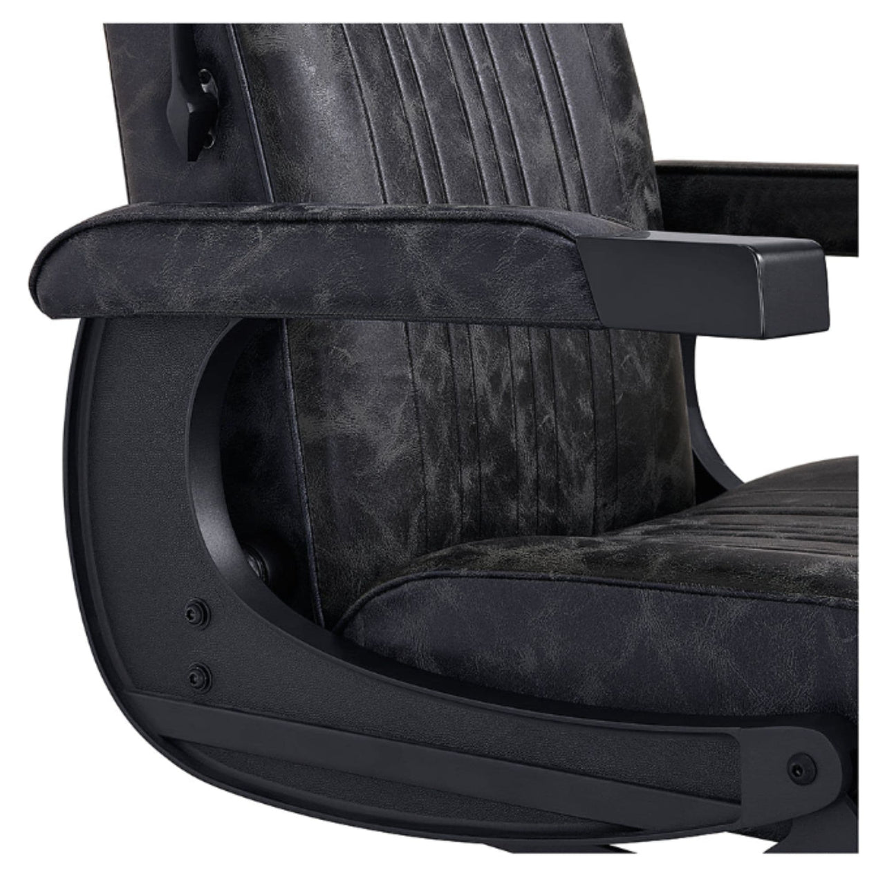 Belgrano Vintage Classic Barber Chair Close-Up View Of Decorative Metallic Gold Armrest Support And Vintage Black Upholstered Seat