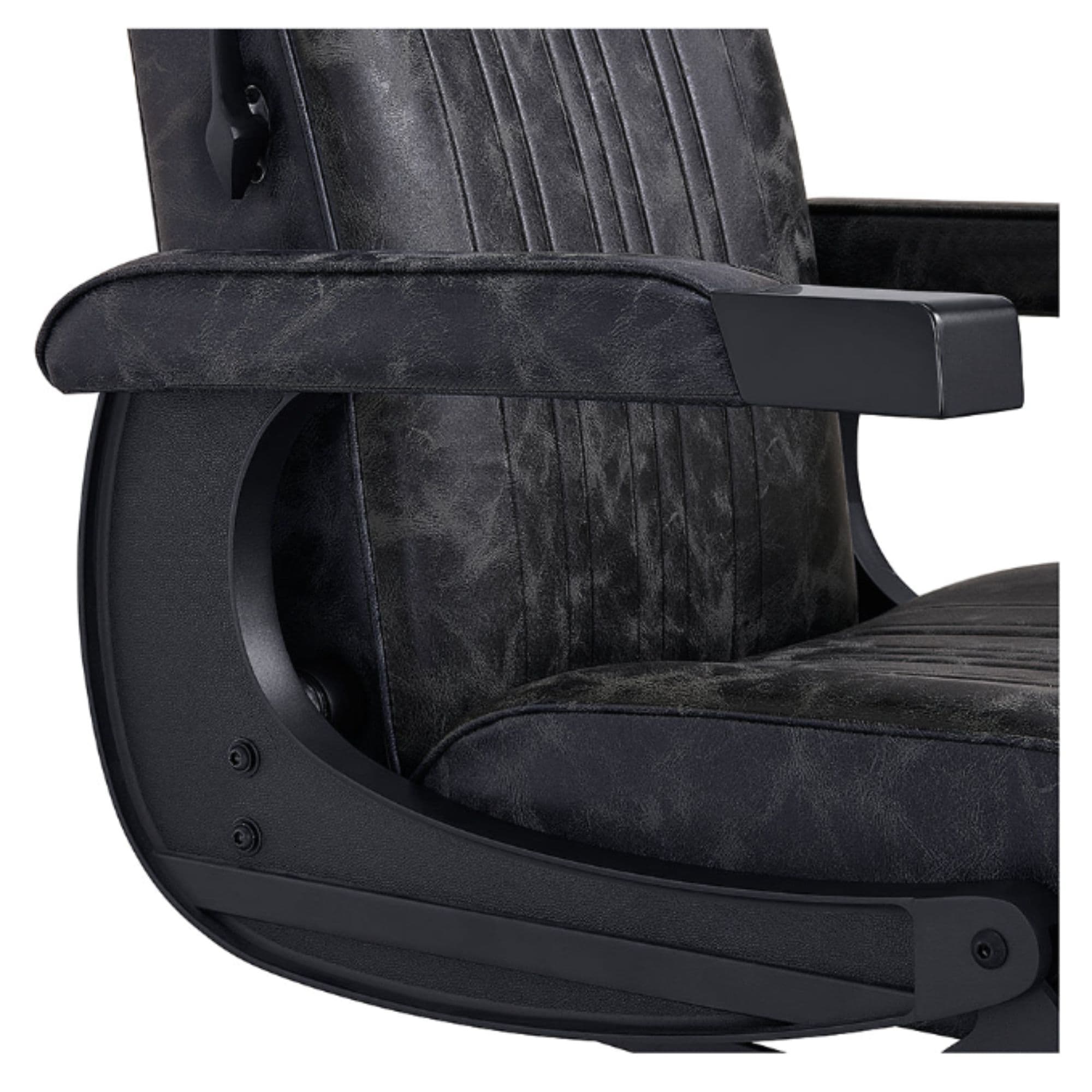 Belgrano Vintage Classic Barber Chair Close-Up View Of Decorative Metallic Gold Armrest Support And Vintage Black Upholstered Seat