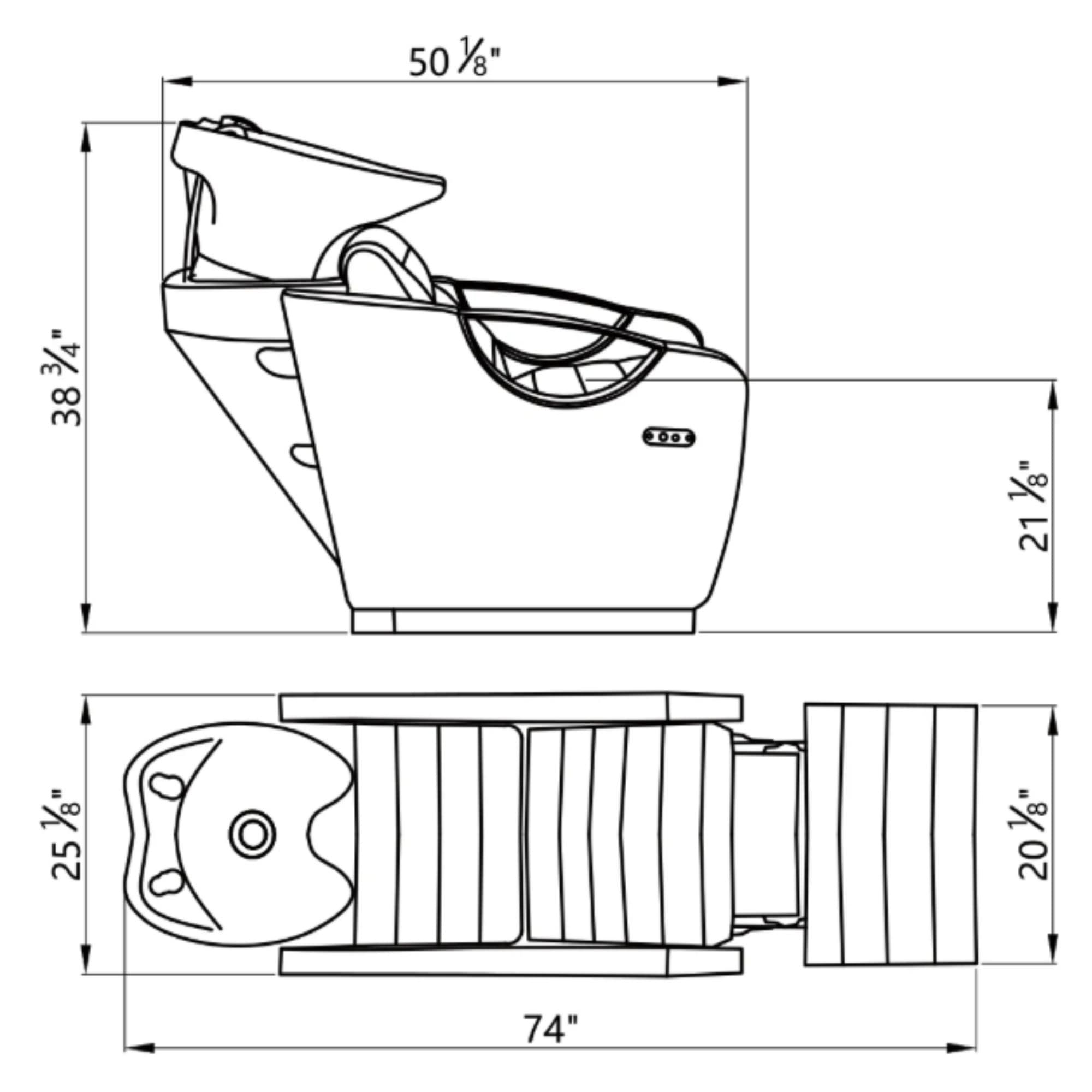 Bella III Reclining Massage Shampoo Chair Product Dimension Diagram