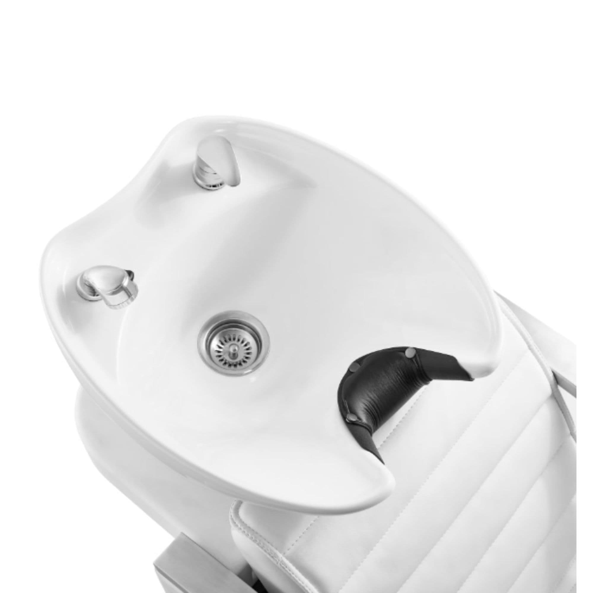 Bella III Reclining Massage Shampoo Chair Top Angled View Of White Sink With Neck Rest Cushion