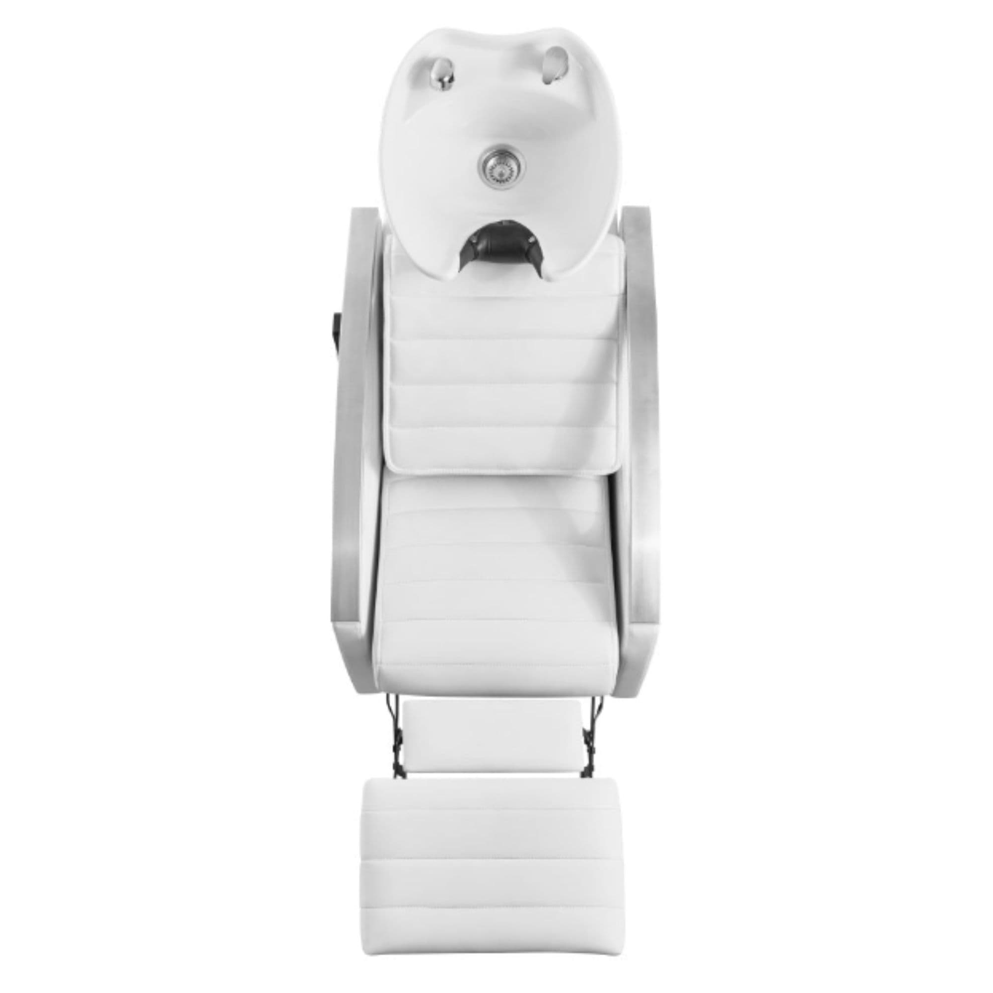 Bella III Reclining Massage Shampoo Chair White Top View With White Single Sink And Extended Leg Rest On Clean Background