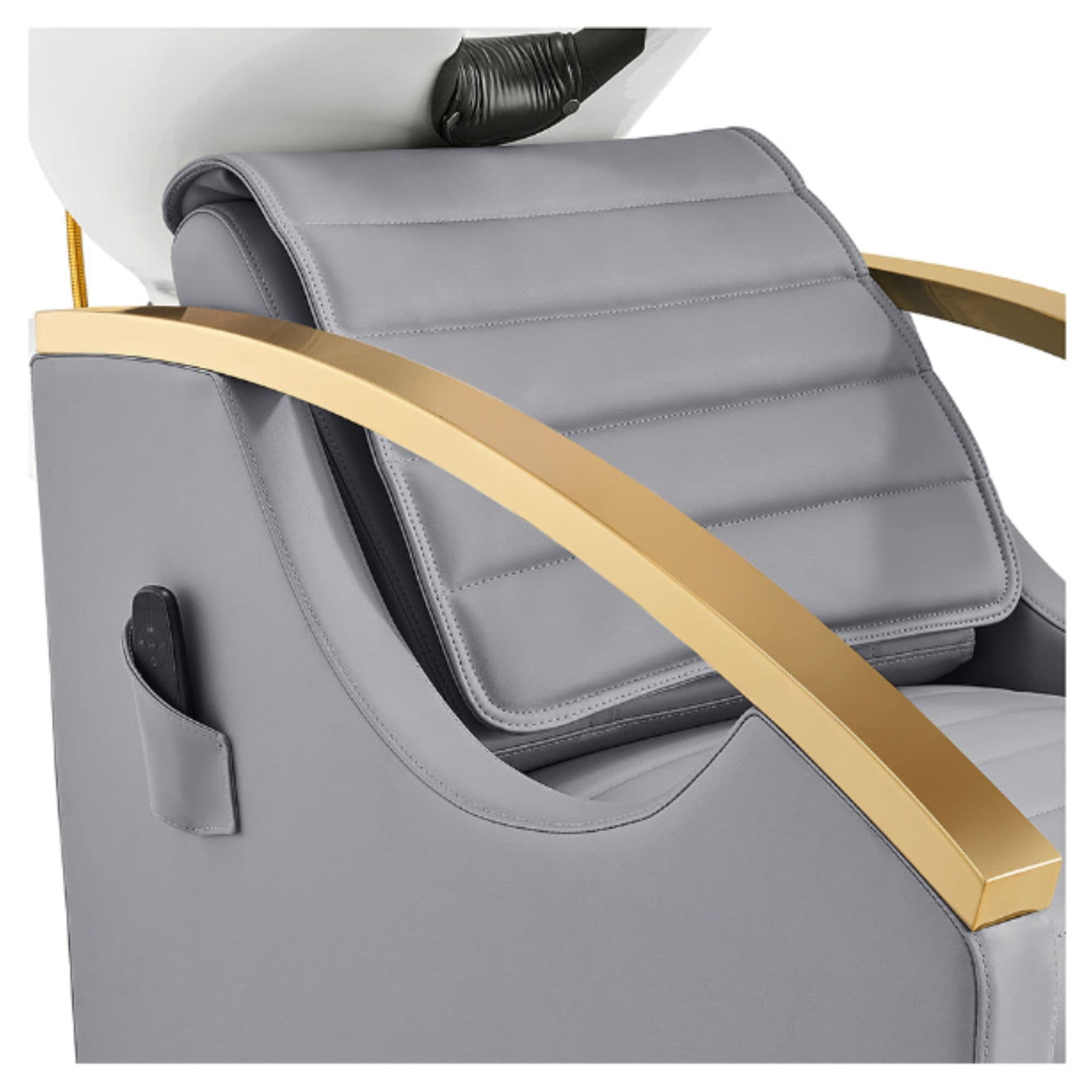 Bella V Gold Reclining Salon Shampoo Massage Chair Close-Up View Of Upholstered Gray Backrest And Armrest Design With Remote Control Holder On Side Panel