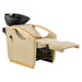 Bella V Gold Reclining Salon Shampoo Massage Chairs Beige Front Angled View With Black Single Sink And Extended Leg Rest On Clean Background