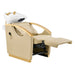 Bella V Gold Reclining Salon Shampoo Massage Chairs Beige Front Angled View With White Single Sink And Extended Leg Rest On White Background