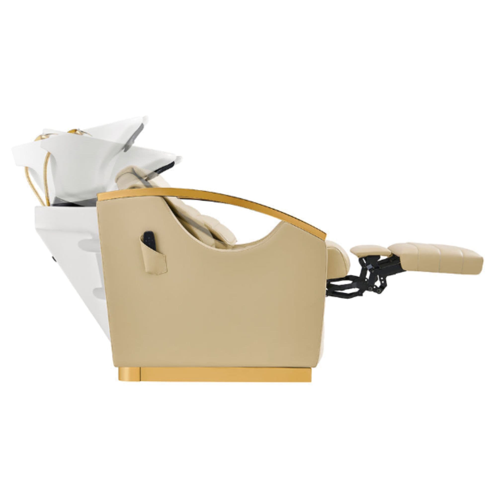 Bella V Gold Reclining Salon Shampoo Massage Chairs Beige Side View With White Single Sink Demo And Extended Leg Rest On White Background