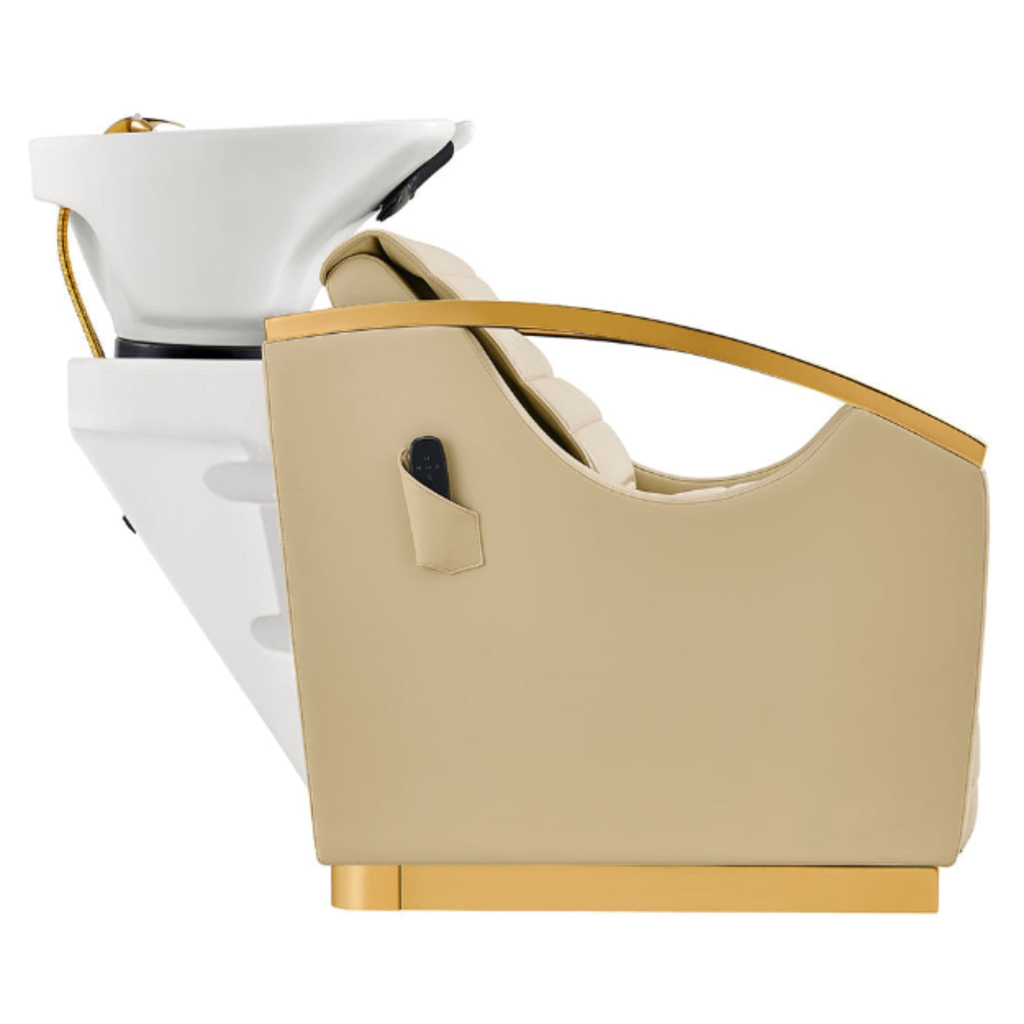 Bella V Gold Reclining Salon Shampoo Massage Chairs Beige Side View With White Single Sink On White Background