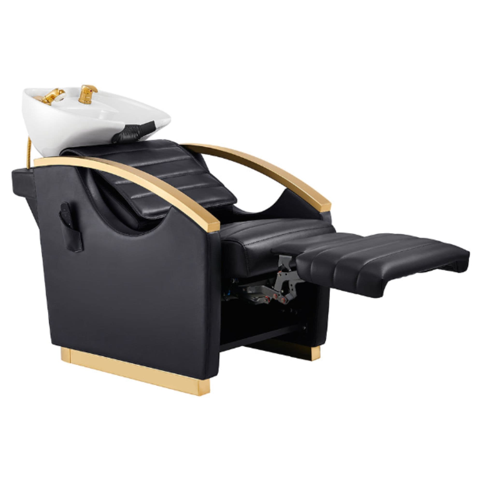 Bella V Gold Reclining Salon Shampoo Massage Chairs Black Front Angled View With White Single Sink And Extended Leg Rest On White Background
