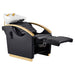 Bella V Gold Reclining Salon Shampoo Massage Chairs Black Front Angled View With White Single Sink And Extended Leg Rest On White Background