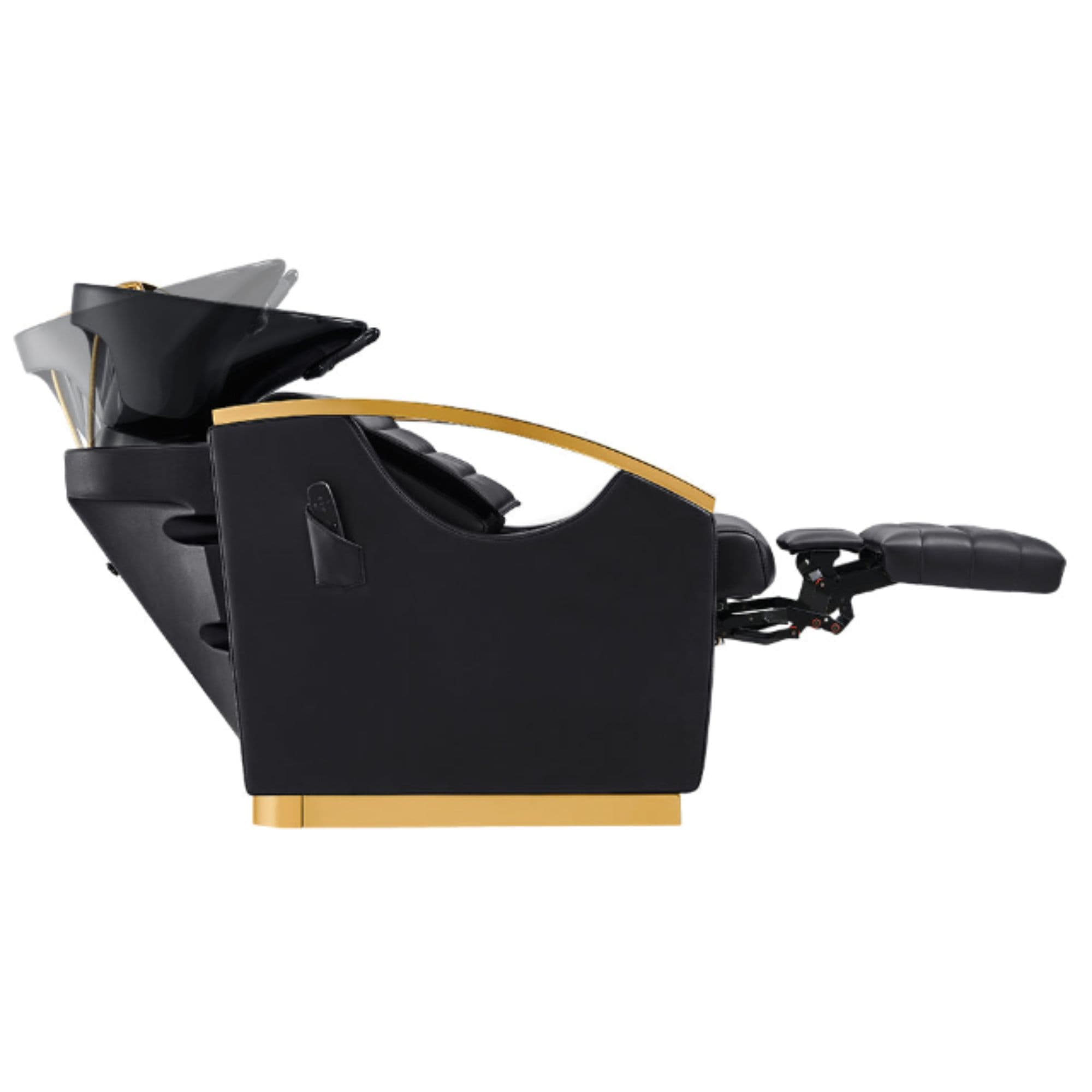 Bella V Gold Reclining Salon Shampoo Massage Chairs Black Side View With Black Single Sink Demo And Extended Leg Rest On White Background