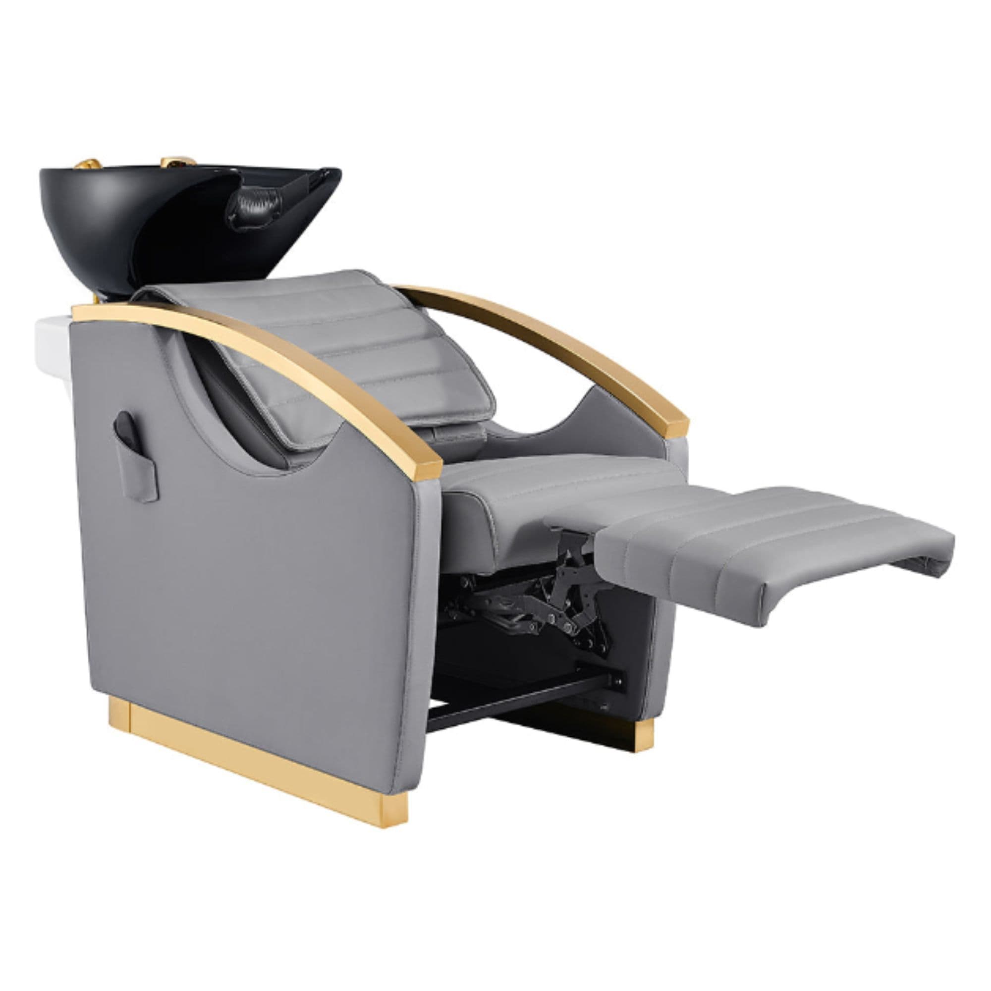 Bella V Gold Reclining Salon Shampoo Massage Chairs Gray Front Angled View With Black Single Sink And Extended Leg Rest On White Background