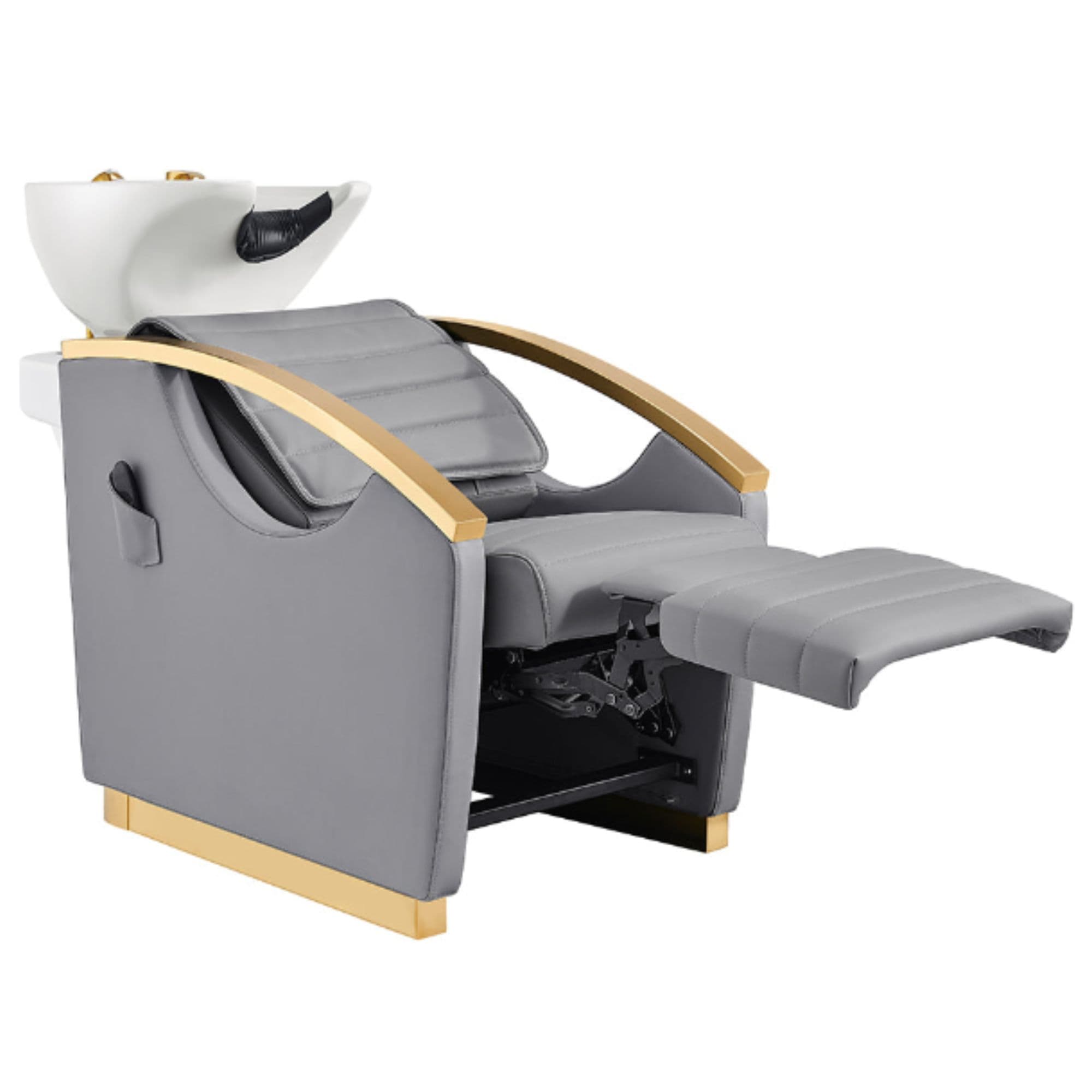 Bella V Gold Reclining Salon Shampoo Massage Chairs Gray Front Angled View With White Single Sink And Extended Leg Rest On White Background