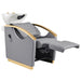 Bella V Gold Reclining Salon Shampoo Massage Chairs Gray Front Angled View With White Single Sink And Extended Leg Rest On White Background