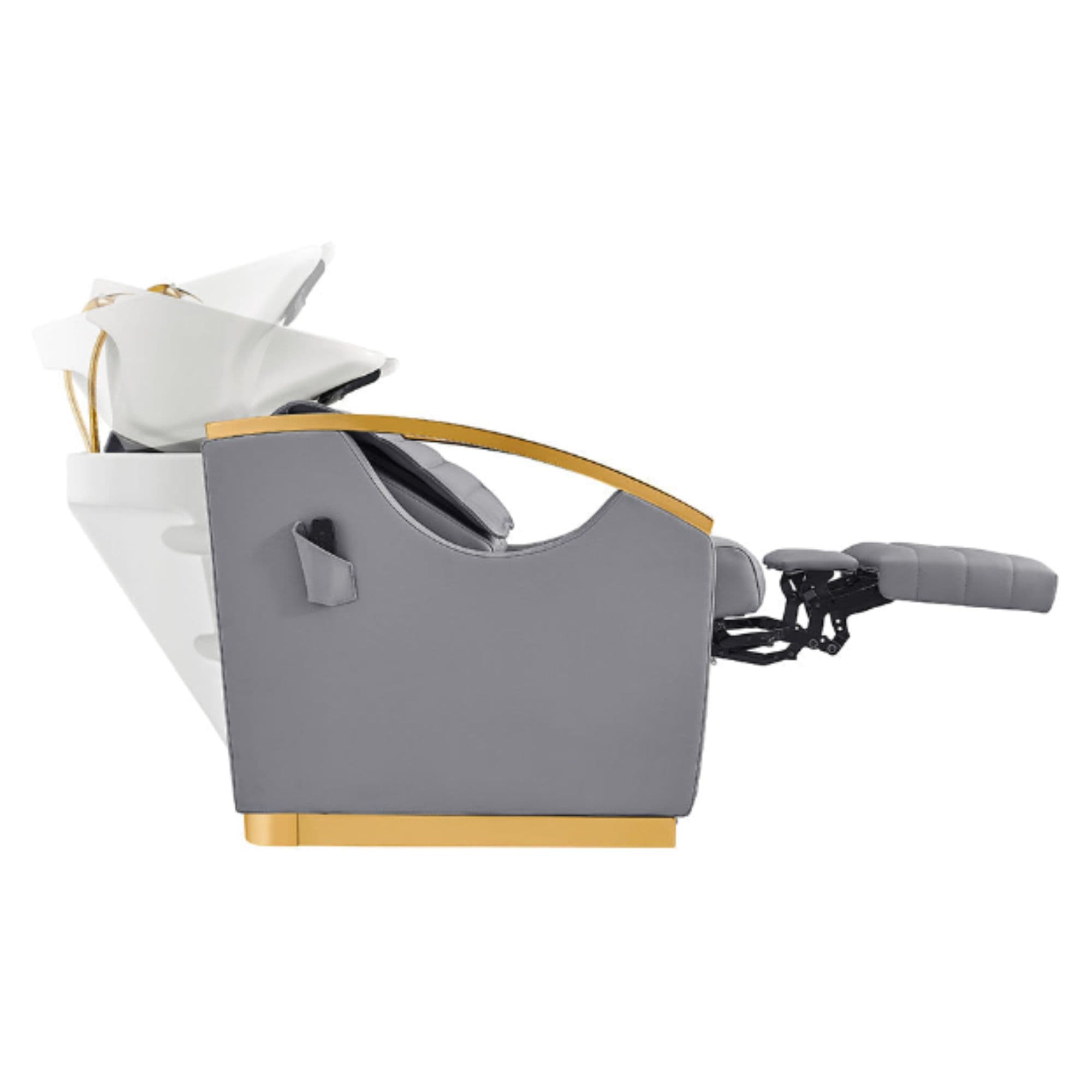 Bella V Gold Reclining Salon Shampoo Massage Chairs Gray Side View With White Single Sink Demo