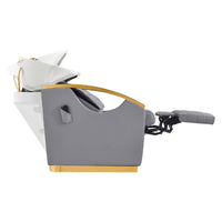 Thumbnail for Bella V Gold Reclining Salon Shampoo Massage Chairs Gray Side View With White Single Sink Demo