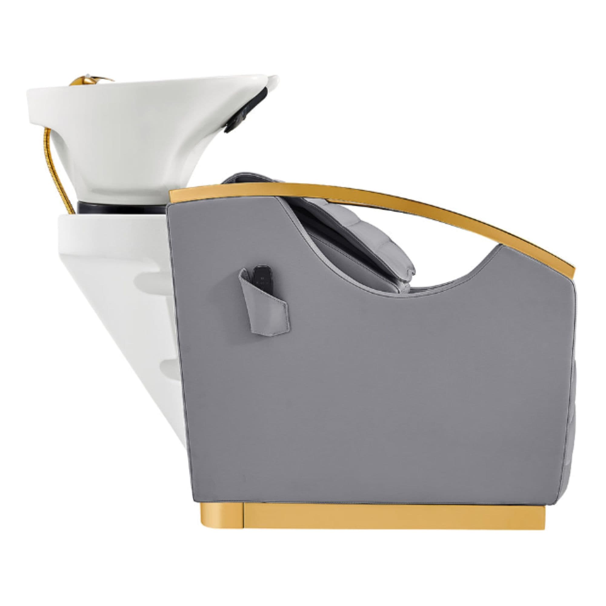 Bella V Gold Reclining Salon Shampoo Massage Chairs Gray Side View With White Single Sink On White Background