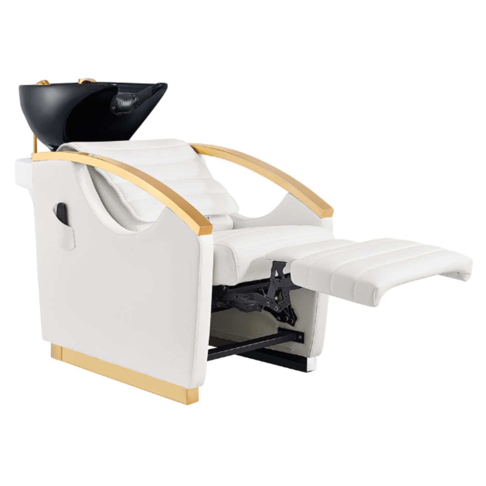 Bella V Gold Reclining Salon Shampoo Massage Chairs White Front Angled View With Black Single Sink And Extended Leg Rest On Clean Background