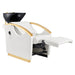 Bella V Gold Reclining Salon Shampoo Massage Chairs White Front Angled View With Black Single Sink And Extended Leg Rest On Clean Background