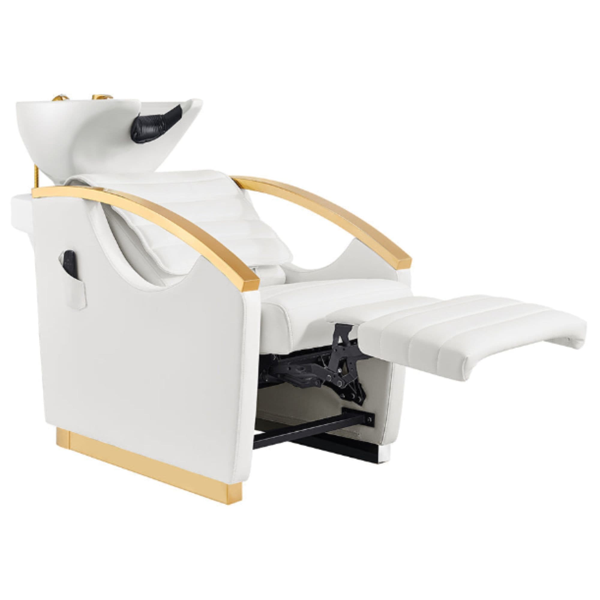 Bella V Gold Reclining Salon Shampoo Massage Chairs White Front Angled View With White Single Sink And Extended Leg Rest On White Background
