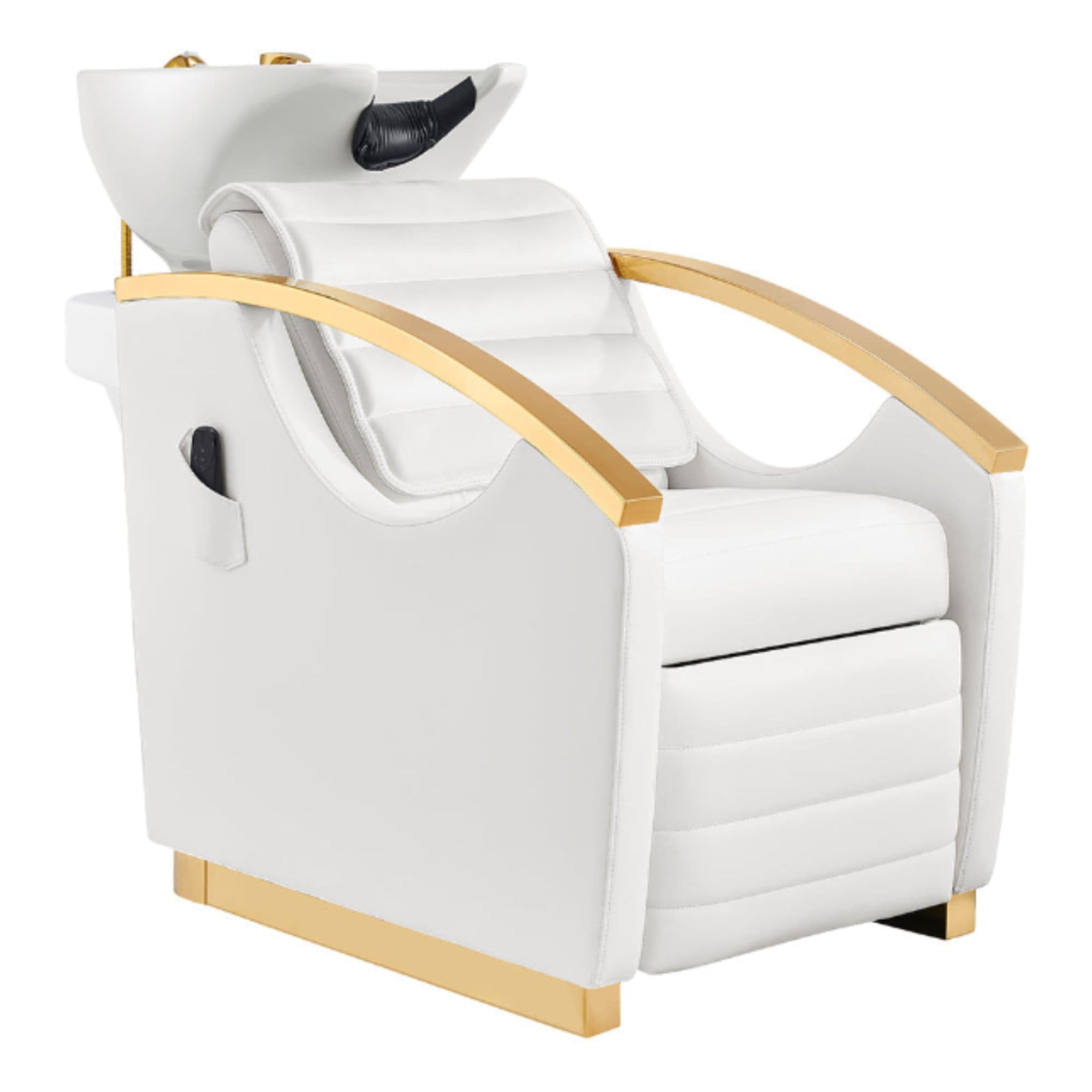 Bella V Gold Reclining Salon Shampoo Massage Chairs White Front Angled View With White Single Sink On Clean Background
