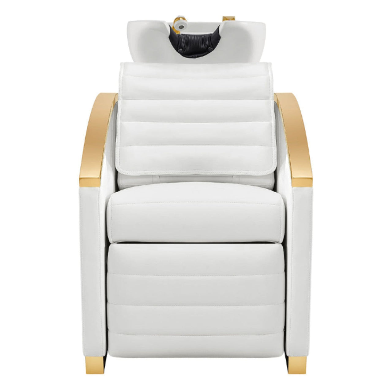 Bella V Gold Reclining Salon Shampoo Massage Chairs White Front View With White Single Sink On White Background