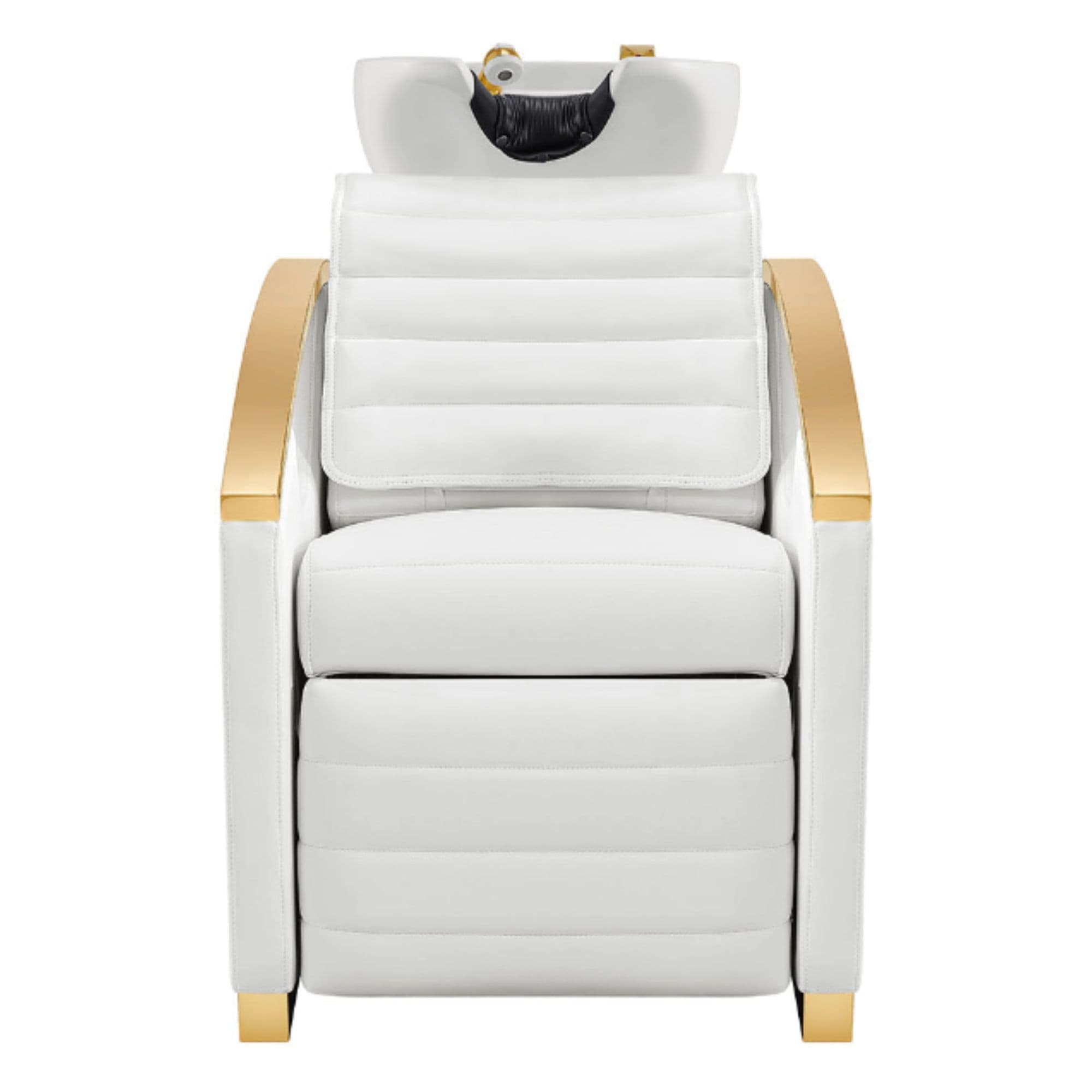 Bella V Gold Reclining Salon Shampoo Massage Chairs White Front View With White Single Sink On White Background