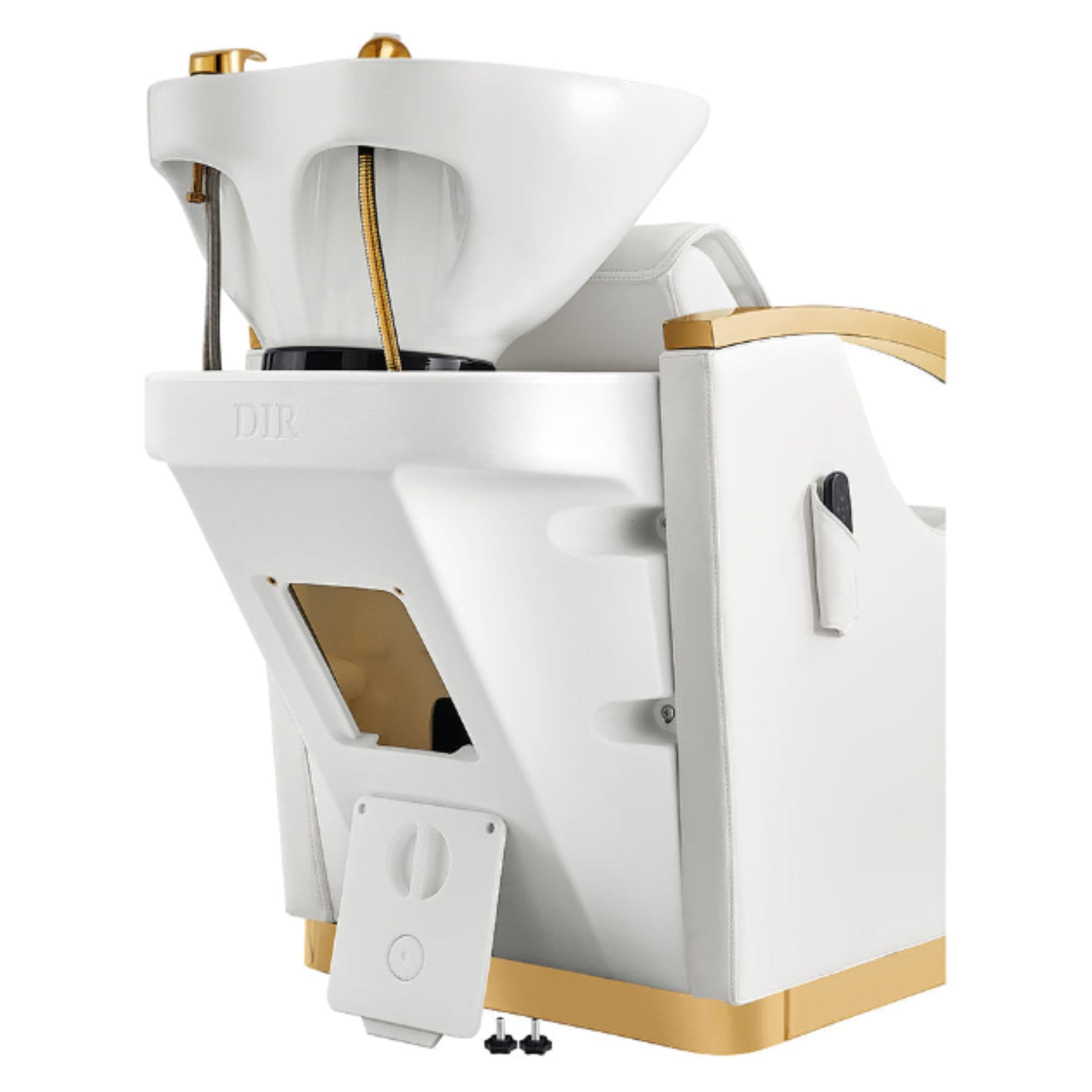 Bella V Gold Reclining Salon Shampoo Massage Chairs White Rear View With White Single Assembly On White Background