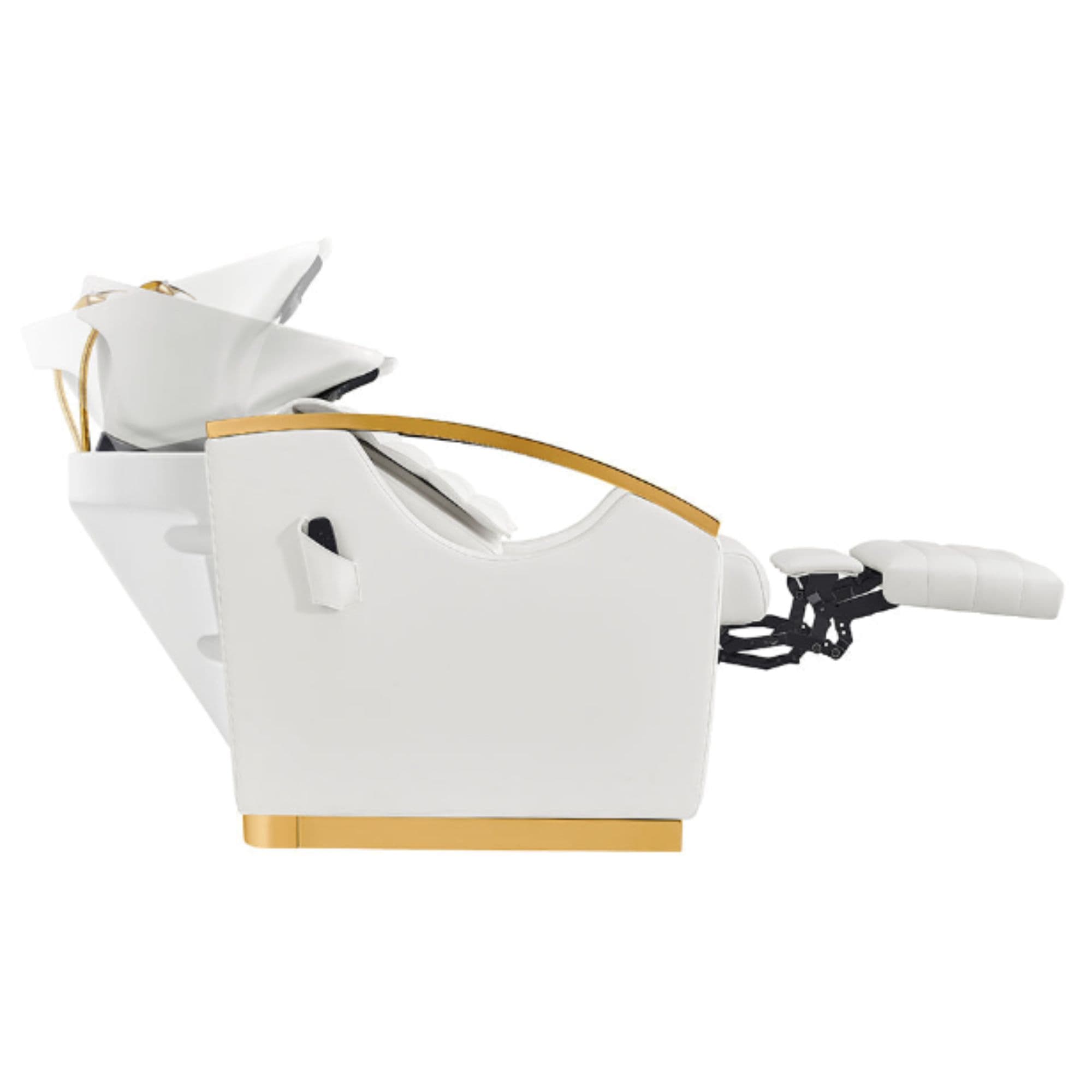 Bella V Gold Reclining Salon Shampoo Massage Chairs White Side View With White Single Sink Demo And Extended Leg Rest On White Background
