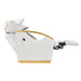 Bella V Gold Reclining Salon Shampoo Massage Chairs White Side View With White Single Sink Demo And Extended Leg Rest On White Background