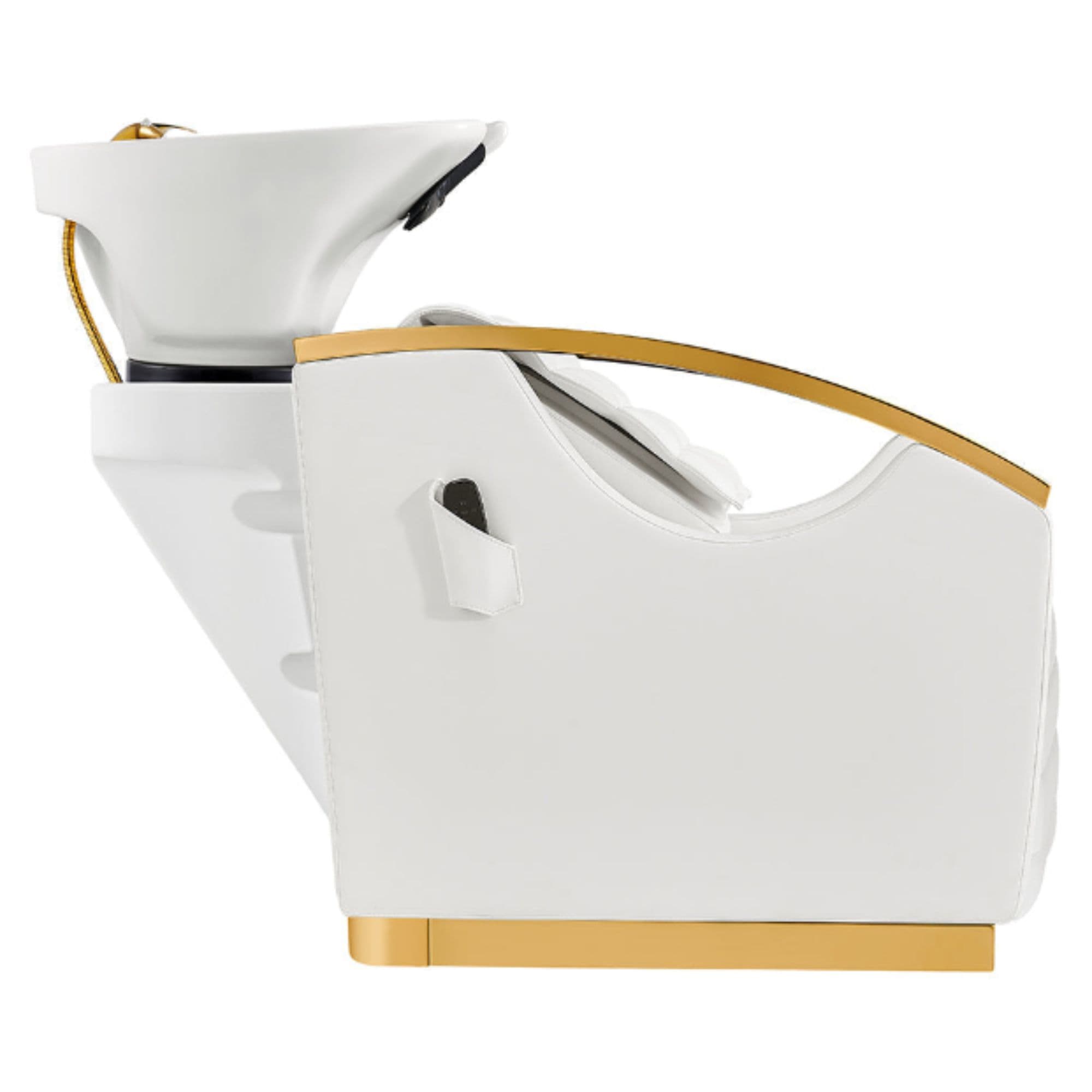 Bella V Gold Reclining Salon Shampoo Massage Chairs White Side View With White Single Sink On White Background
