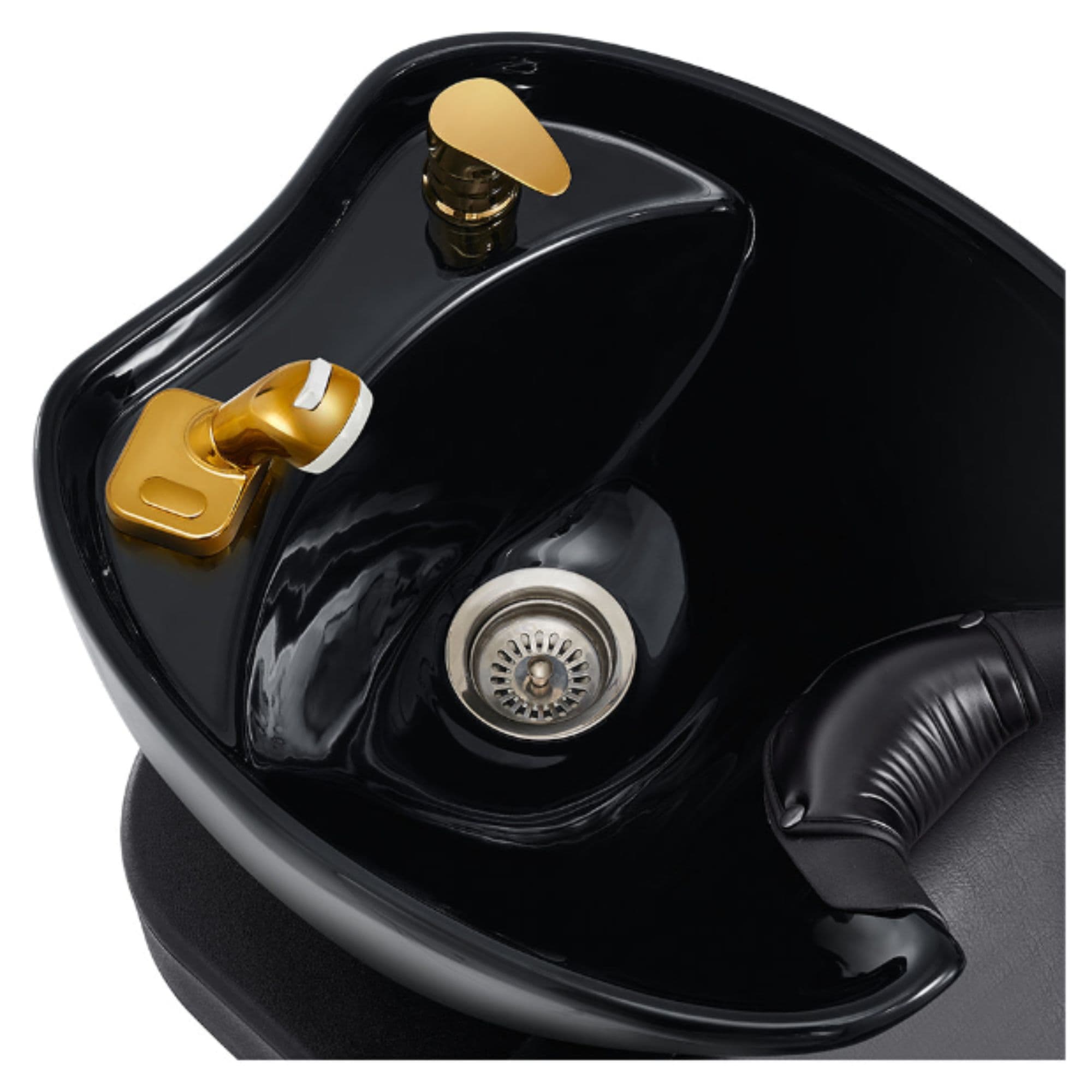 Bella V Gold Reclining Shampoo Chair Close-Up View Of Black Sink Faucet And Drain System