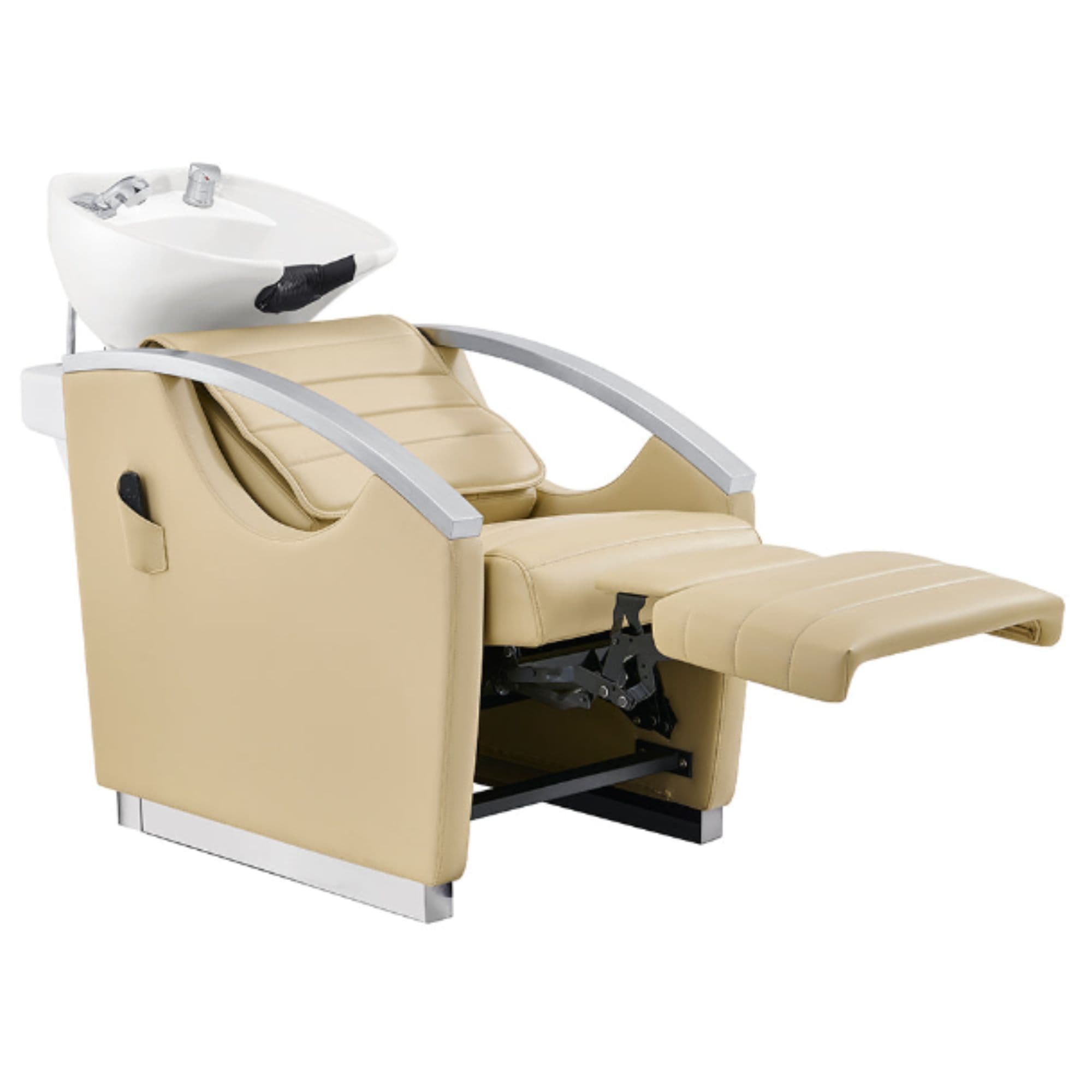 Bella V Recline Massage Salon Shampoo Station Beige Front Angled View With White Single Sink And Extended Leg Rest On Clean Background