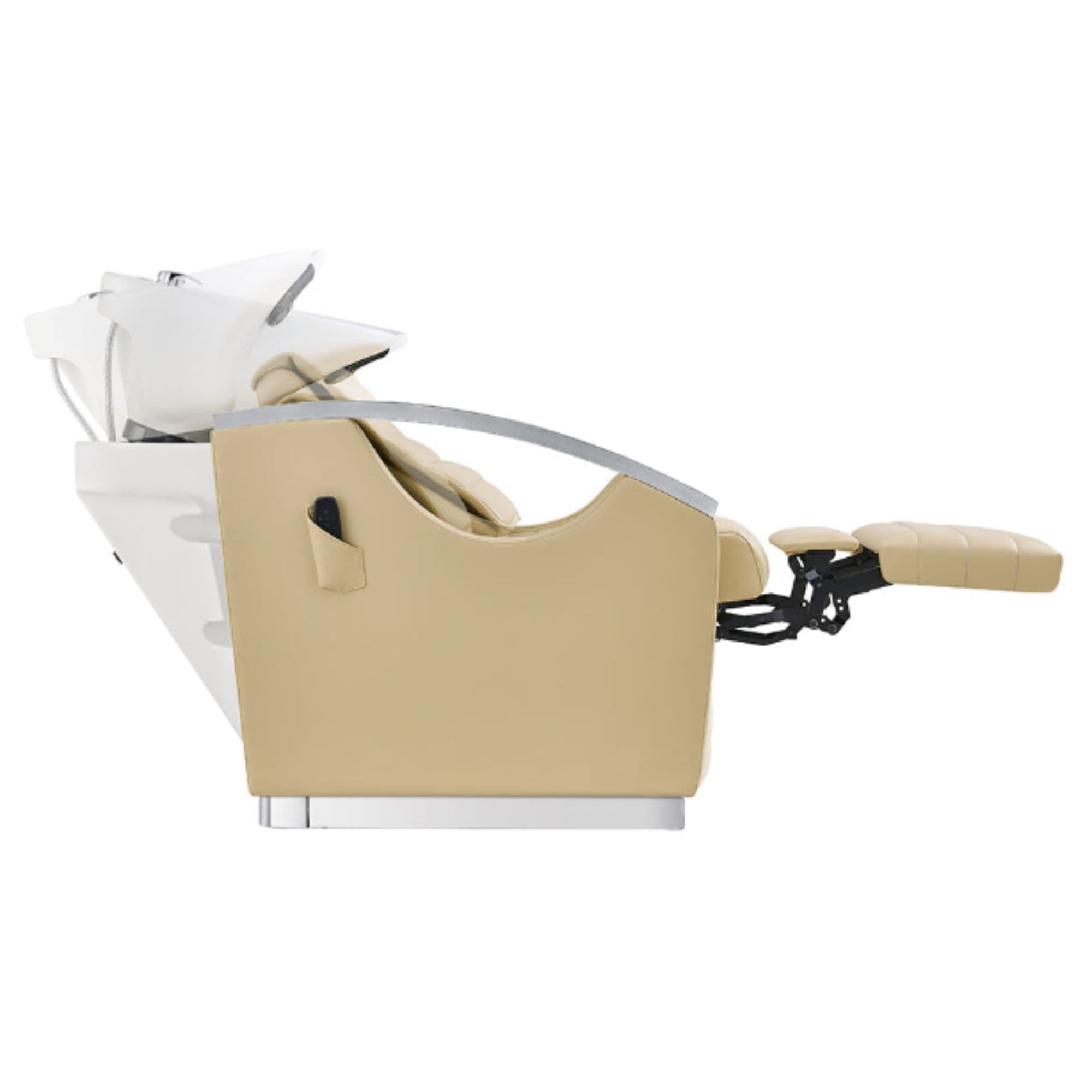 Bella V Recline Massage Salon Shampoo Station Beige Side View With White Single Sink Demo  And Extended Leg Rest On Clean Background