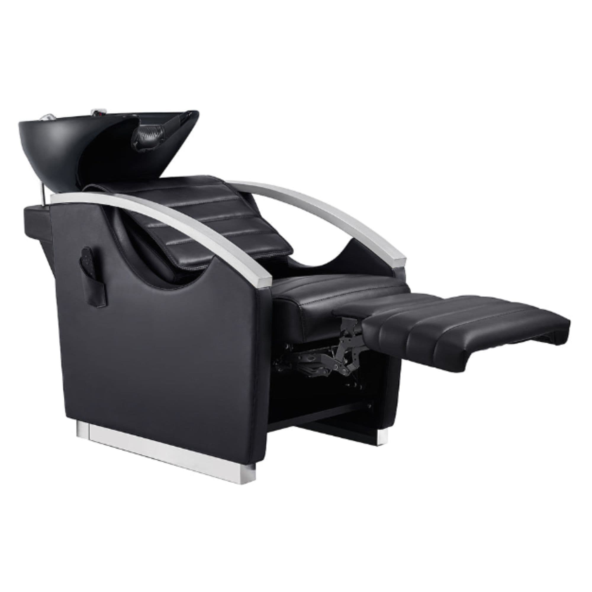Bella V Recline Massage Salon Shampoo Station Black Front Angled View With Black Single Sink And Extended Leg Rest On White Background