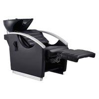Thumbnail for Bella V Recline Massage Salon Shampoo Station Black Front Angled View With Black Single Sink And Extended Leg Rest On White Background